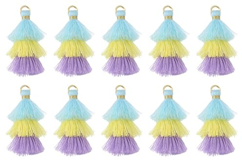 QUARKZMAN 10 Stück Winzige Dreischichtige Quasten 1,6 Mini Quaste Taschenanhänger Böhmische Handgefertigte Quasten Schlüsselanhänger für DIY Projekte Schmuckherstellung (Blau/Gelb/Lila)