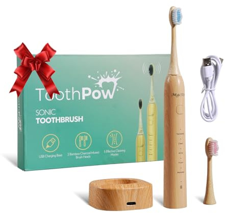 MgcSto Electric Bamboo Toothbrush for Adults - Bamboo Toothbrush Heads Design with Castor Oil Bristles - 5 Adjustable Cleaning Modes - Upgraded IPX7 Waterproof Technoloy for Adults