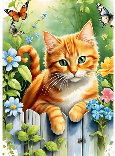DPHERO DIY Orangefarbene Katze Diamant Painting Kits Bilder für Erwachsene Anfänger,5D Kätzchen Diamond Painting Set,DIY Runde Steine Blumen Diamant Kunst Kits, Diamant Art für Zuhause Dekor 30x40 cm