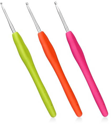 Häkelnadeln Set, 3 Stück 2/2.5/3 mm Ergonomische Häkelnadel mit Rutschfest | Häkelnadeln Nadelset Aluminium, Häkeln mit Gummi Softgriff für Arthritische Hände Erfahrene Häkelliebhaber