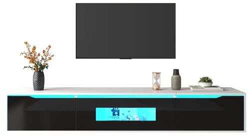 Meuble TV avec éclairage LED intégré, finition laquée, portes rainurées décoratives, structure rectangulaire basse, installation murale possible, compartiments fermés et niche ouverte (Noir+Blanc)