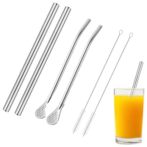4 Pack Stainless Steel Straws with 2 Built-in Cleaning Brushes - Reusable Drinking Straws, Eco-Friendly Straws & Perfect for Stirring/Filtering Drinks​