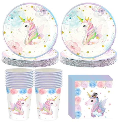 Lot de 60 pièces de vaisselle de fête licorne - Assiettes et gobelets en carton - Serviettes pour 20 invités