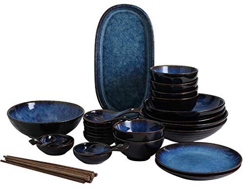 Servizio da tavola, Set di stoviglie in Ceramica, Set da tavola in Porcellana Cat's Eye Blue da 32 Pezzi/Set di Piatti e Ciotole in Rilievo Vintage per ristoranti e microonde.