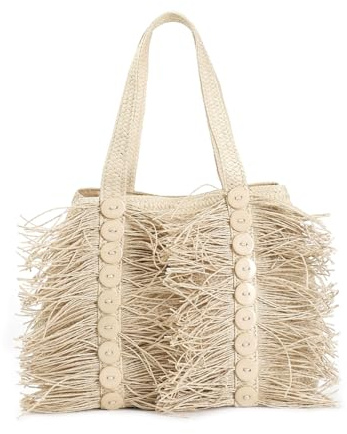 CAFèNOIR - Bolso Shopping De Rafia Con Flecos Y Botones Decorativos Natural, Para Mujer, Color Beige, Talla Única