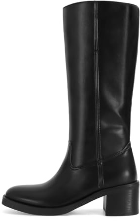 DOEYG Women's Banana Knee High Boots Square Toe Chunky Block Heel Tall Boots Wide Calf Fashion Comfortable Casual Pull on Long Boots, Mid Calf-black, 6 UK