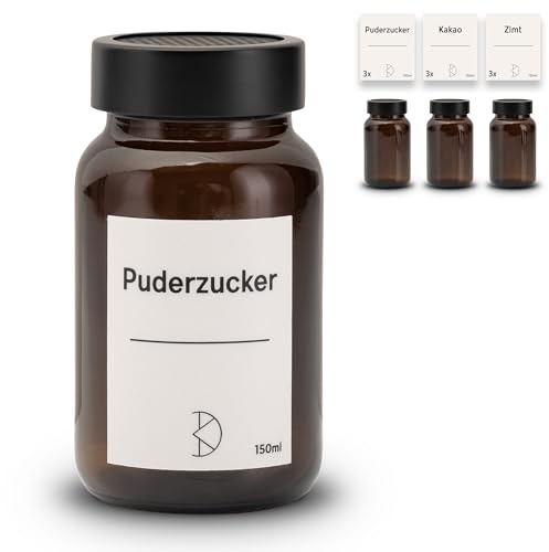 Koffs Design Kakao und Puderzucker Streuer Braunglas mit Edelstahlaufsatz - Kakaopulver, Zimt und Staubzucker Dosierer - Kakaostreuer 150ml - Pulverstreuer 3 Stück mit Aufklebern