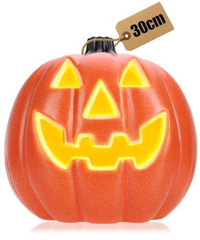 com-four® Zucca con illuminazione LED & timer (6h acceso/18h spento) – decorazione di Halloween XXL per ingresso & finestra – zucca gigante in plastica (arancione - XXL con timer)
