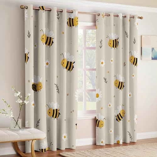 Hellbeige Thermovorhänge Blickdicht Cartoon Biene Gänseblümchen Verdunkelung mit Ösen, Wärmeschutz Schallschutz Gardinen für Kinderzimmer Jungen Mädchen, 2er Set H229 x B117 cm