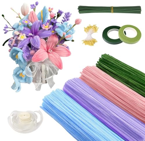 400 Stück Pfeifenreiniger Blumen Set, 4Farben Pfeifenreiniger zum Basteln Rosa Lila Blau Grün, 30cm Lang Pipe Cleaner mit Blumenstiel Klebeband Blumenmitte Band Kreativ Set für Erwachsene DIY Basteln