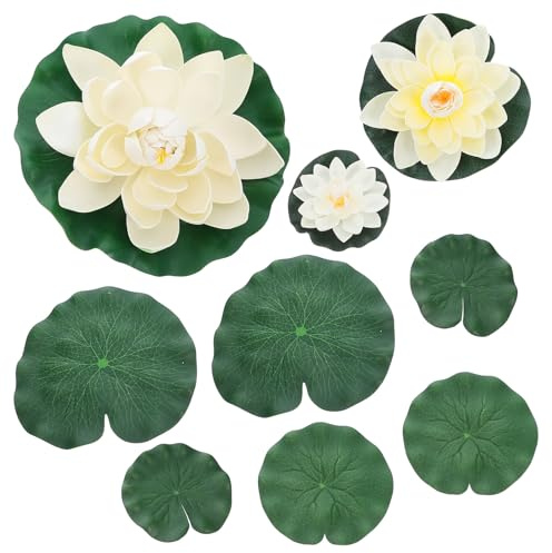 Angoily Lot de 9 Lotus Artificiels Flottants pour Bassin et Jardin Fleurs de Lotus en EVA Blanc avec Feuilles de Nénuphar Réalistes Décoration Aquatique Solide Danger pour Poissons