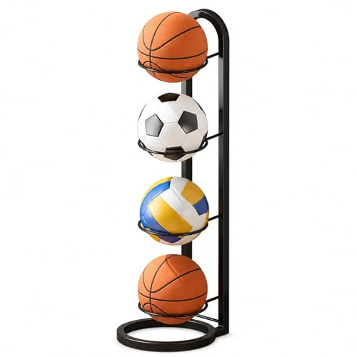 GOOGO Support à Ballons 4 Niveaux, Rangement Vertical en métal Amovible, présentoir pour Basket-Ball, Football et Volley-Ball, Salle de matériel Scolaire (4 Niveaux)