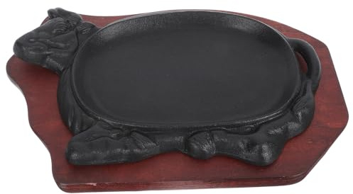 HAKIDZEL Set 1 Piastra Teppanyaki in Ghisa Antiaderente 21x14 Cm Base in Legno, Piastra per Grigliare Bistecca e Pesce, Vassoio Barbecue per Uso Domestico e Riunioni Familiari