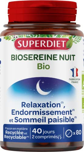 SUPERDIET - BIOSEREINE NUIT BIO -Relaxation, Endormissement, Sommeil paisible-Phytothérapie - Fabrication française - 80 comprimés