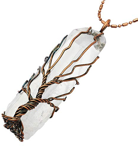 mookaitedecor Pointe de Cristal de Roche Collier Arbre de Vie Pendentif Pierre en Cuivre Fil avec Chaine pour Femme