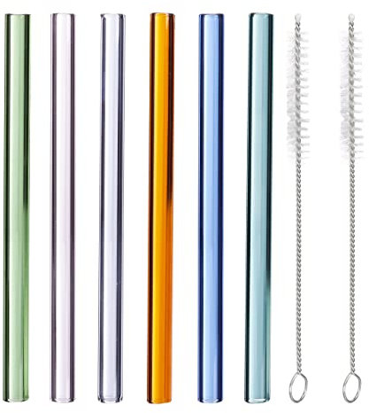 Relaxdays Strohhalme Glas, 6 Stück, gerade, wiederverwendbare Trinkhalme, 15 cm, mit Bürste, nachhaltig, Ø 10 mm, bunt