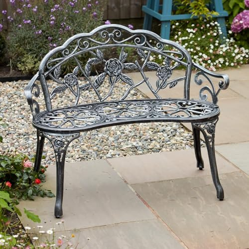 Home Source Rose Garden Bench 2 Seater (Grey) – Cast Iron, Victorian Floral Design | 100W x 59D x 80H cm | Outdoor Patio Bench