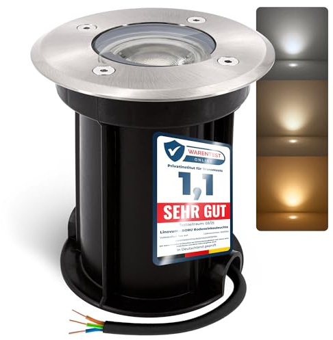 linovum BORU Bodeneinbaustrahler Außen IP67 mit LED GU10 6W drei einstellbaren Lichtfarben - Bodenleuchte 230V befahrbar rund Ø 110mm mit Kabel