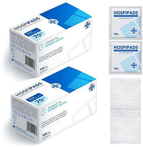 AIESI® Tamponi salviette disinfettanti a base di alcool isopropilico 70% dimensioni 65x30 mm confezionati singolarmente HOSPIPADS (Confezione da 200 pezzi)