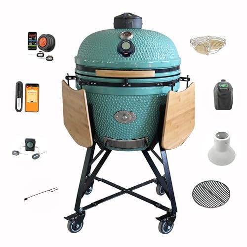YNNI 25 » CYAN XL Chip Feeder KAMADO Bundle (Package) Divide & Conquer, Cover, Cast Iron Grate et Kickash Panier TQTT25CY…
