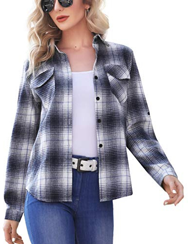 Enjoyoself Camisa Cuadros Mujer Franela 100% Algodón Camisa Leñador Blusas Basiccon Botones Camisetas Cuello en V Manga Larga Casual Oficina Básico Vintage Western
