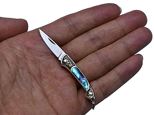 JPCRMOV Mini Taschenmesser 9g Abalone Muschel EDC Klappmesser Outdoor | Exklusiver Griff aus echter Abalone-Muschel sorgt für ein einzigartiges Farbspiel und edle Haptik