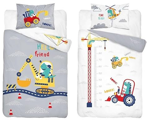 Wende-Bettwäsche-Set mit Baustellen-Bagger, Bagger, Baustellenbau, grau-blau, Bettwäsche für Babybett, Bettbezug und Kissenbezug, 100 x 135 cm
