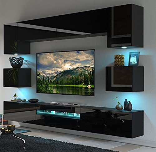Furnitech Wohnwand Wohnzimmer - Wohnzimmer Möbel mit LED RGB - 16 Farben - Hängend Wohnwand Modern - Wohnzimmer Schrankwand mit Regale und TV Schrank (Besta GAN1-17B-HG20 1B)