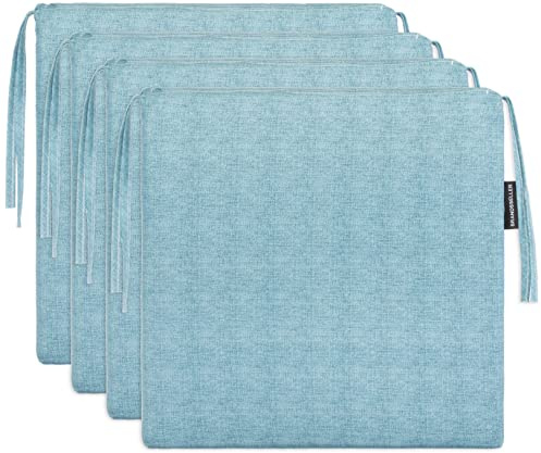 Brandsseller 4er Set Sitzkissen 40x40 cm in Leinenoptik – Bequeme Stuhlauflagen mit Bindebändern & abnehmbarem Bezug – Dekorative Sitzpolster für drinnen und draußen - Blau