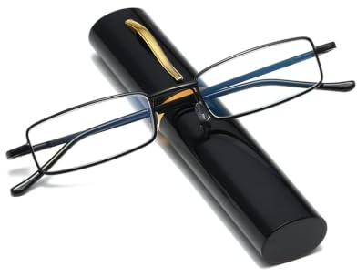 Hubeye Lunettes de lecture ultra fines en métal anti-bleu pour hommes et femmes avec étui à clip portable