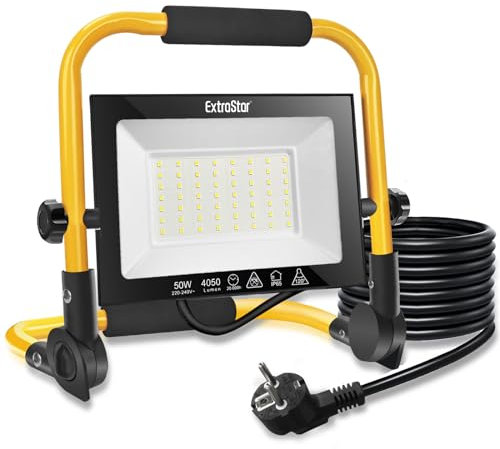 EXTRASTAR Faretto Led da Cantiere, 50W/4050Lm/IP65 Fari Led da Esterno Con Spina e Staffa Pieghevole, Rotazione 360°, Lampada da Lavoro per Edilizia, Officina, Campeggio, Garage