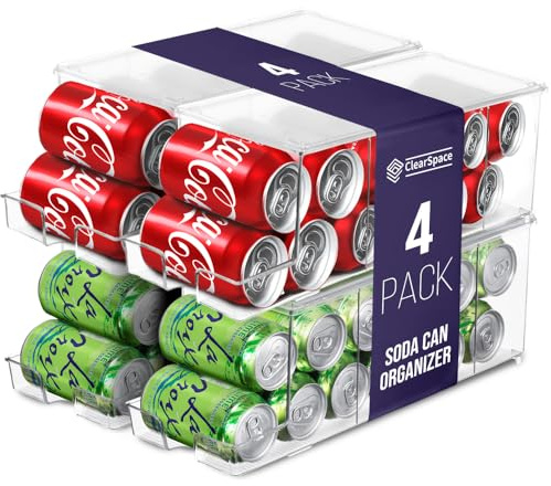 ClearSpace Soda Can Organizer & Soda Can Dispenser for Refrigerator - Fridge Organizer & Stackable Drink Organizer for Fridge, Can Organizer for Refrigerator - Holds 12 Cans Each, BPA Free - 4 Pack