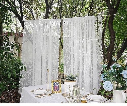 Gardinen Weiße Spitze Vorhang Blumen Bestickte Spitzengardinen, 2erTransparent Vorhang Spitze Voile Spitzenvorhänge mit Gardinengurte für Wohnzimmer Schlafzimmer Dekor (2stk B150 x H200 cm)