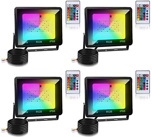 Herrselsam RGB LED Strahler 50W, Fluter Mit Fernbedienung Außen Dimmbar, 16 Farben 4 Modi, IP66 Wasserdicht für Party, Garten, Stimmungslicht (4 Stück)