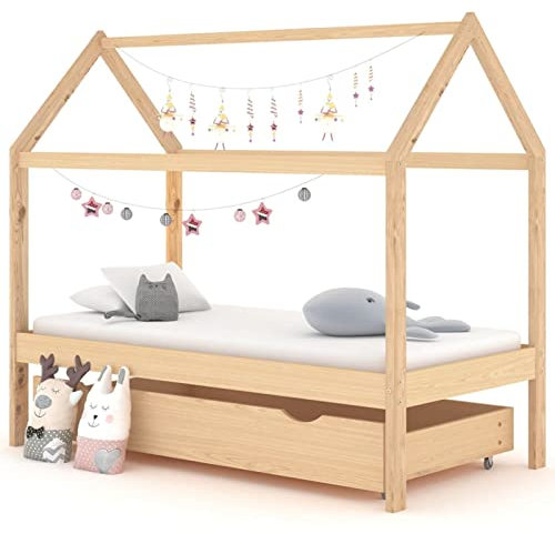 Festnight Hausbett 80x160 cm mit Schubladen ohne Matratze, Kinderbett mit Schubladen, Kinder Haus Bett aus Kiefer Holz Jugendbett Massivholz