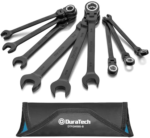 DURATECH 9-Piece Flex-Head Ratcheting Wrench Set, Combination Wrench Set, 72 Tooth, SAE, 5/16'' to 3/4'', Black Electrophoretic Coating, CR-V Steel, with Rolling Pouch
