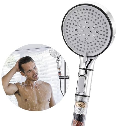 Wowteam Handbrause mit 5 Strahlarten Universal Wassersparender Duschkopf Runde Duschbrause (⌀ 120 mm) Hochdruck Sparduschkopf mit Öko Ionen Filter Mineralsteinen, Chrom