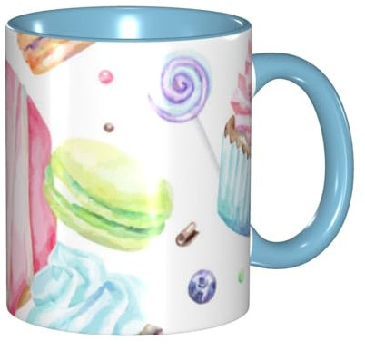 BACKZY Tazza in ceramica colorata con stampa di cupcake, ciambelle, muffin, zucchero, bocca rotonda e liscia, struttura robusta, ideale per casa e ufficio