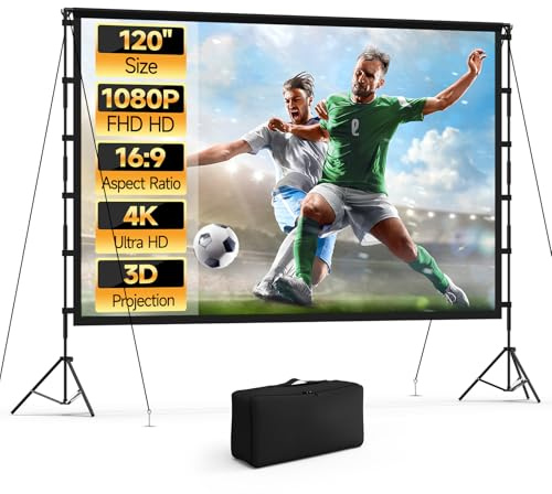 120 Inch Projector Screen with Stand, 16:9 4K HD Portable Projector Screen, Indoor Outdoor Front/Rear with Carry Bag for Home Theater Backyard Camping Movie Night