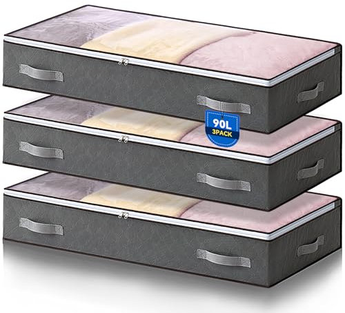 Boic 3 Pezzi Organizer Sotto letto Con Finestra di Osservazione e Maniglia, Contenitori Sottoletto 90L, Salvaspazio Pieghevole Organizzatore Armadio per Abbigliamento Coperte Piumoni