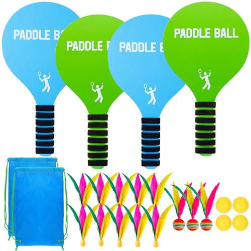 Beeplove 2 Sets Beach Games Toy Paddle Ball Set - Funny Paddleball Rackets Game, Outdoor Sports Toys for Kids Adults Family Games Yard Lawn Party Supplies, Blue Green, Medium