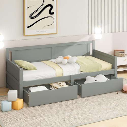 YCYDHDM Einzelbett Kinderbett 90 x 200 cm mit 2 Großer Schubladen und Armlehne, Holzbett Stauraumbett mit Kopfteil, Bettgestell aus Massivholz, für Jungen und Mädchen, Ohne Matratze, Grau