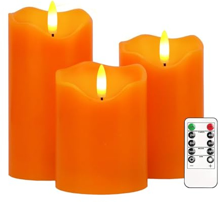 Justup 3 Stück Halloween Flammenlose LED-Kerzen mit Fernbedienung, Timer | Orange Flackernde Kerzen, Dimmbare Säulen Kerzenlicht Batteriebetrieben, Elektrische Kerzen für Herbst Thanksgiving Dekor