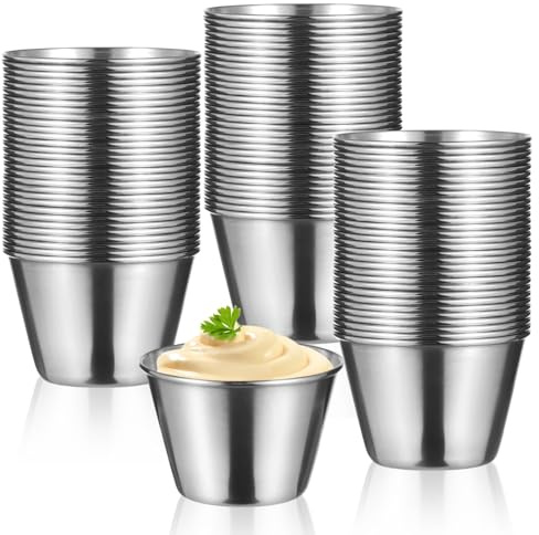100Pcs Stainless Steel Dipping Sauce Cups, 2.5oz Metal ramekins,Reusable Metal Sauce Cups Stainless Steel Condiment Cups Small Dipping Bowls Round Individual Portion Cups for Home, Restaurant