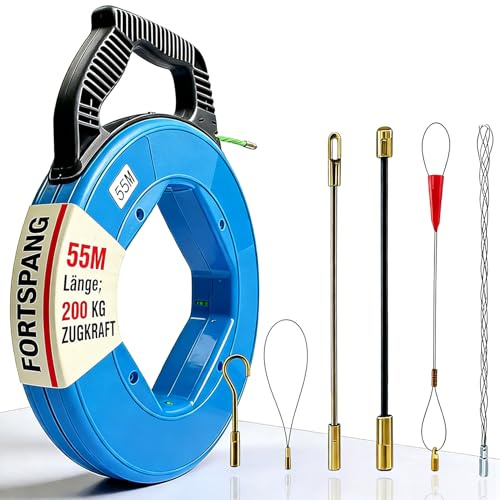 Fortspang kabeldraghjälp, 4,5 mm 55 m utdragbar fjäder polyester dragtråd fisktejp draghjälp, 55 m dragspiral för tomrör med 6 ledningsfjädrar och plasthölje
