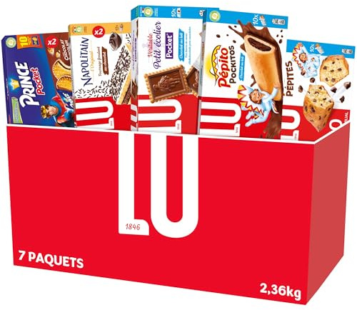 LU - La Boîte Plaisir - Assortiment de Biscuits : Pépito Pockitos x1, Pépito Choco Pépites x1, Napolitain x2, Prince Chocolat Pocket x2, Petit Ecolier Pocket x1 - Lot de 7 Paquets soit 2,36kg