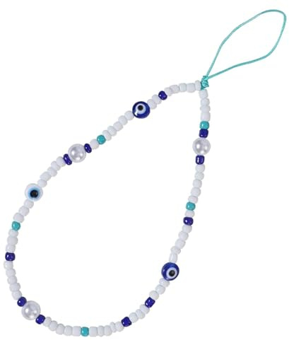 1 Pcs Beaded Phone Lanyard, Phone Charm Strap Lanyard Wrist Strap Resin Beads Evil Eye Shape Mobile Phones String Straps Fashion Accessories for Phones Hanging Key Chain Women Girls, White Blue