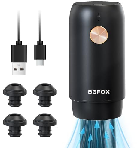 BGFOX Electric Wine Saver Pump with 4 Wine Stoppers Automatic Rechargeable Wine Preserver Reusable Wine Bottle Sealer Keeps Fresh, 1 Pump 4 Stoppers, Gifts for Wine Lovers, Stylish Black & Gold