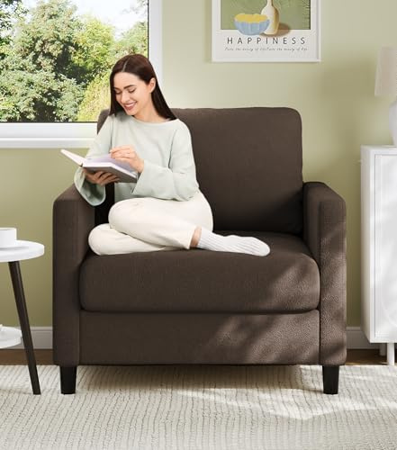 Welzona Sessel Wohnzimmer, 84cm Teddy Lesesessel für Jugendzimmer, Minisofa | Bequemer Teddy-Stoffbezug, Werkzeugfreies Aufstellen, Bezüge Waschbar, 1-Seater Sofa für Schlafzimmer, Vollholz, Braun