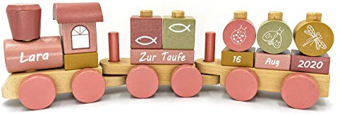 Coverlounge Personalisierte Holz-Eisenbahn mit Namen – Lokomotive mit Steckformen in Rosa – Geschenk zur Taufe für Mädchen & Jungen – Schriftfarbe Weiß